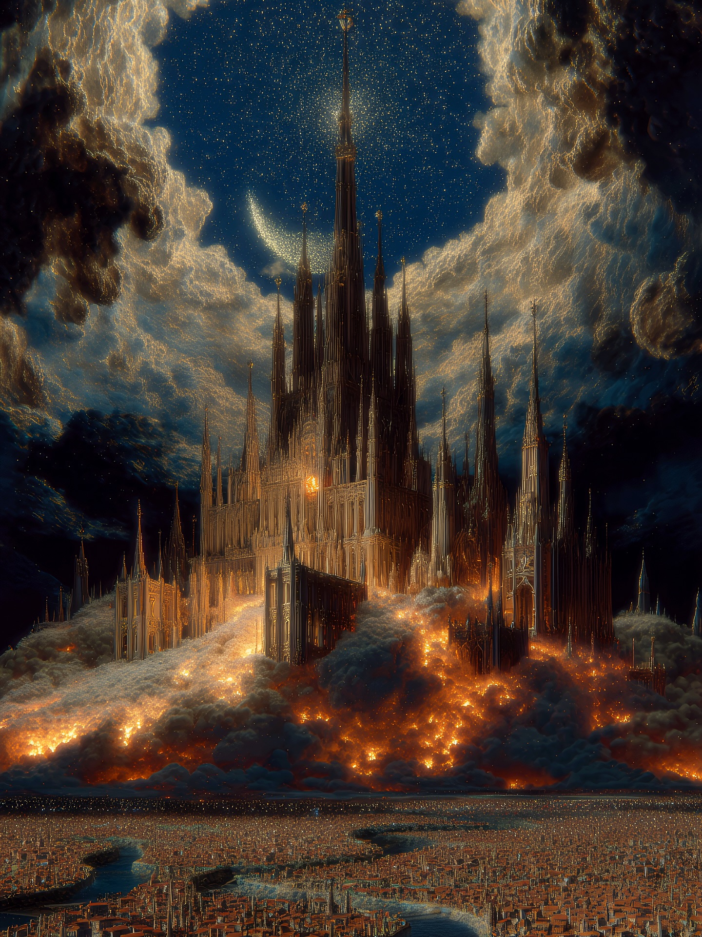 Illustration of a grand gothic castle at night, surrounded by a sea of lights and clouds, beneath a starlit sky with a crescent moon.
